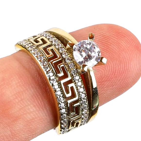 Gorgeous white Sapphire wedding set Sterling Gold & Bronze sz8.5 - Picture 3 of 12